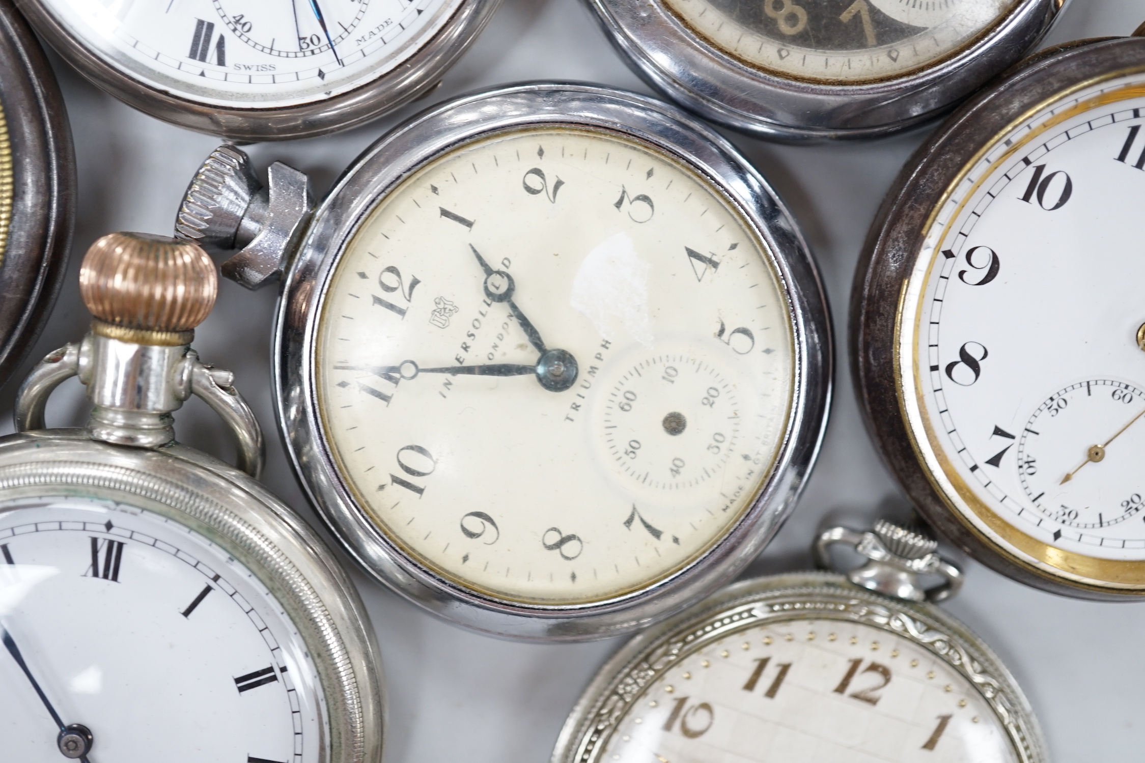 Ten assorted base metal pocket watches including Omega, Waltham and Ingersoll.